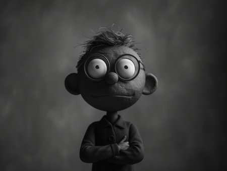 Creepy Animated Character with Glasses in Monochrome, Tim Burton Style Aesthetic, Eerie Atmosphere, Cross Arms Pose, Distinctive Expression, Gothic Themed Black and White Image AI Generativeの素材