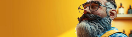 Modern Art Sculpture of Bearded Man with Glasses Against Vibrant Yellow Background in Contemporary Setting with Bottles on Shelf AI Generativeの素材
