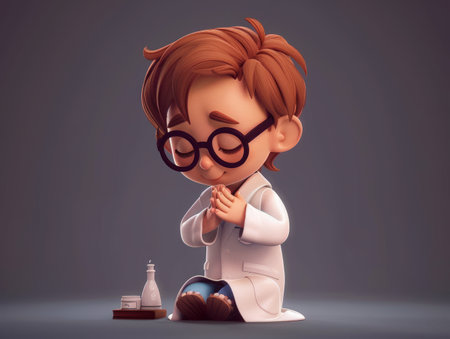Heartwarming 3D Animation of Adorable Scientist Child in White Lab Coat With Test Tubes and Beakers, Featuring Large Glasses, Brown Hair, and a Compelling Expression, Perfect for Educational Themes AI Generativeの素材