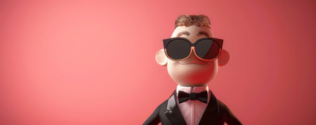 Stylish Claymation Figure in Black Tuxedo and Sunglasses Posing Against a Pink Background, Creative Animation, 3D Rendered Art, Quirky Character Design, Fun and Playful Artistic Expression AI Generativeの素材