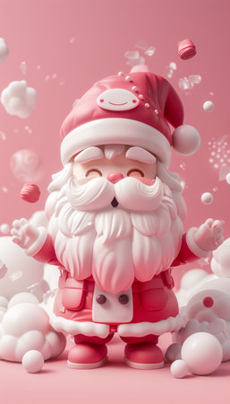 Festive 3D Santa Claus Figurine on Pink Background with Snowy Effects Capturing Holiday Joy and Winter Cheer in a Playful Cartoon Style AI Generativeの素材