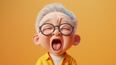 Elderly Animated Character Yawning in Front of Orange Background, Cartoon Senior Citizen Male with Glasses and Grey Hair Expressing Tiredness, Digital Art, 3D Animation, Whimsical and Fun Illustration AI Generativeの素材