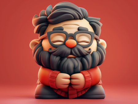 Cute Cartoon Bearded Character Figurine With Glasses and Sweater On Red Background Adorable 3D Art of a Smiling Toy Like Figure with Closed Eyes and Stylish Details for Fun and Whimsical Decor AI Generativeの素材
