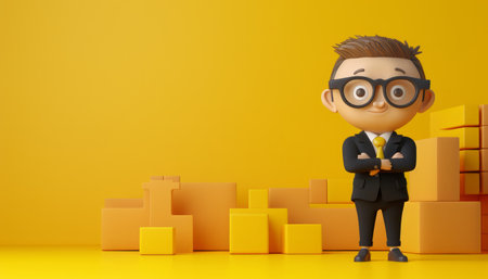 Animated Businessman Character in Suit with Glasses Standing Confidently Among Yellow Geometric Shapes on Vibrant Yellow Background Professional and Creative Business Concept Illustration AI Generativeの素材