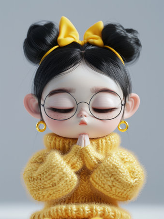 Adorable Doll Like Character with Glasses and Yellow Outfit in a Peaceful Pose with Hair Buns and Yellow Bow AI Generativeの素材
