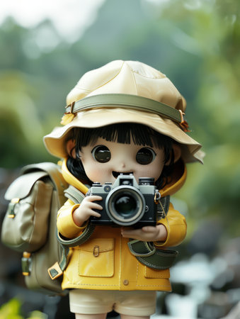 Adorable Doll Like Figure Holding Camera in Outdoor Setting, Wearing Yellow Jacket and Safari Hat, Perfect for Travel and Adventure Themes AI Generativeの素材