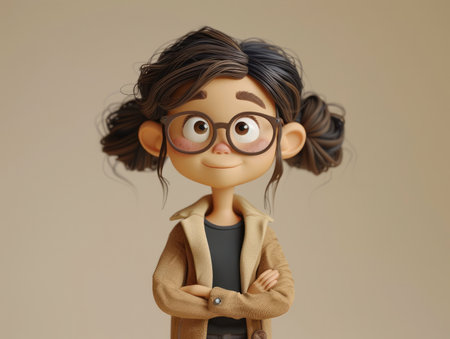 Adorable Animated Character with Glasses and Brown Hair in Double Buns Wearing a Tan Coat and Black Shirt, Cute Cartoon Illustration, Charming and Heartwarming Style, Playful and Whimsical Art AI Generativeの素材