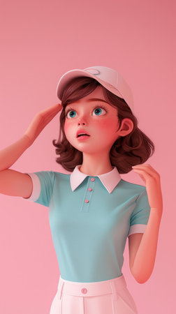 Animated girl character looking up surprised wearing a white cap, blue polo shirt with white collar and pink buttons, against a pink background, displaying expressions of wonder and curiosity AI Generativeの素材