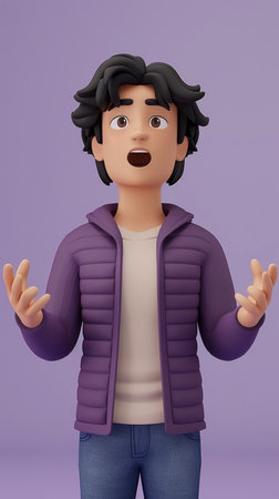 Animated Character in Purple Jacket with Surprised Expression on 3D Illustration Realistic Render with Violet Background Modern Art Style AI Generativeの素材
