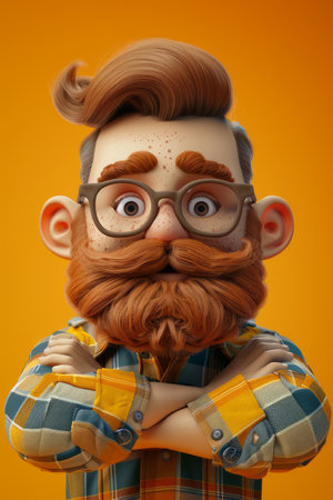 Whimsical Cartoon Character with Glasses and Beard on Vibrant Orange Background Playful and Modern Illustration in Plaid Shirt Crossing Arms AI Generativeの素材