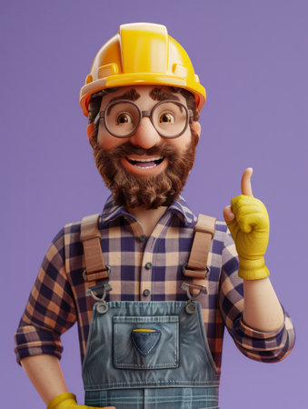 Cheerful Cartoon Construction Worker With Glasses Wearing Overalls and Hard Hat Giving Thumbs Up on Purple Background AI Generativeの素材