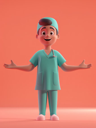 Cheerful Male Cartoon Character in Hospital Scrubs with Open Arms on Solid Pink Background AI Generativeの素材