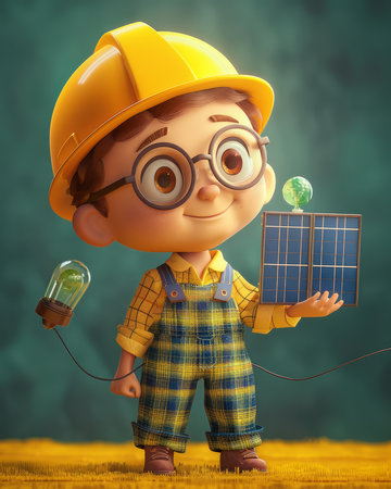 Young Boy in Yellow Hard Hat and Plaid Overalls Holding Solar Panel and Light Bulb, Concept of Renewable Energy, Cute Cartoon Character, Green Background, Eco Friendly Technology Illustration AI Generativeの素材