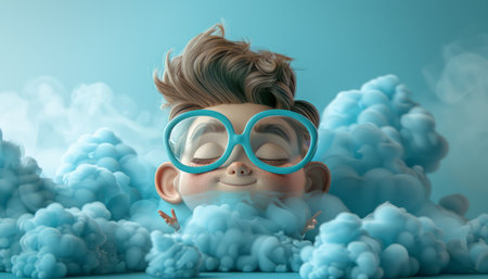 Whimsical Cartoon Boy with Glasses Enjoying a Dreamy Cloudscape in a Fantasy World Illustrated Character in Blue Tones, Ethereal Imagery of Joy and Imagination AI Generativeの素材