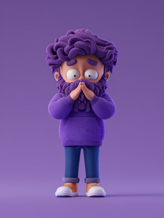 Purple Cartoon Character in Hooded Sweatshirt with Surprised Expression on Purple Background AI Generativeの素材
