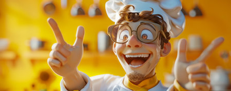 Joyful Animated Chef Celebrating in a Bright Kitchen Fun filled Culinary Animation with a Happy Cook in Comedic Style AI Generativeの素材