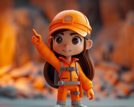 Cute Animated Character in Orange Safety Gear Pointing Upwards in Industrial Setting AI Generativeの素材