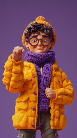 Cheerful Boy in Winter Clothes with Glasses and Beanie 3D Cartoon Character Wearing Yellow Jacket, Purple Scarf, Celebrating with Fist Pump on Purple Background AI Generativeの素材