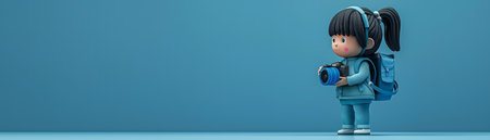 Adorable Figurine of a Young Girl with a Camera against a Pastel Blue Background for Cute and Whimsical Art Decor AI Generativeの素材