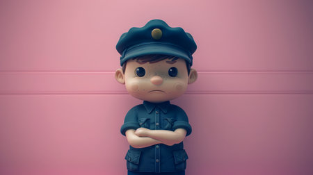 Adorable Child Toy Figure in Uniform Against Pink Background Cute Figurine of Young Police Officer in Blue Costume with Folded Arms Kids' Room Decor, Playtime, Collectible, Birthday Gift Idea AI Generativeの素材