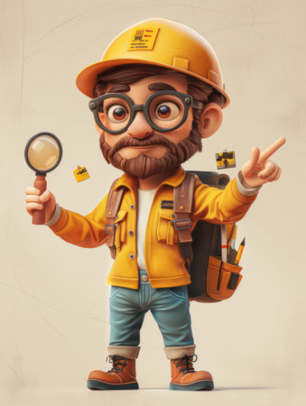 Adorable Cartoon Construction Worker with Magnifying Glass, Hard Hat, and Backpack Perfect for Kids&#39; Educational Materials and DIY Projects AI Generativeの素材