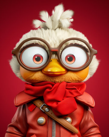 Adorable Cartoon Duck in Red Scarf and Glasses Cute Fashionable Feathered Character on Red Background AI Generativeの素材