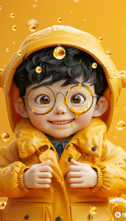 Adorable Child in Yellow Raincoat with Glasses Against Orange Background Smiling in Raindrops Cute Children Illustration AI Generativeの素材