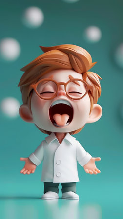 Charming 3D Render of Little Boy with Glasses and Terracotta Hair, Mouth Open in Surprised Excitement, Set Against a Soft Turquoise Background with Floating White Spheres AI Generativeの素材