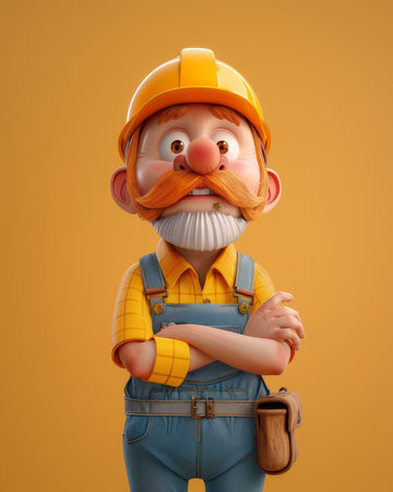 Cheerful Cartoon Construction Worker with Orange Hard Hat and Toolbox, Yellow Shirt, Blue Overalls, and Beard on Solid Orange Background Animated Cartoon Character for Construction Themes AI Generativeの素材