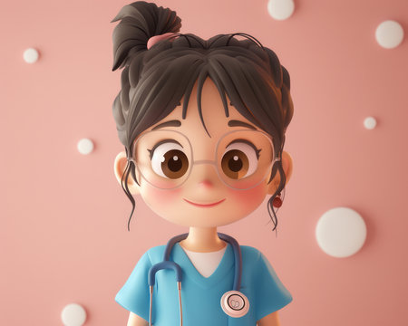 Charming Cartoon Nurse Character with Stethoscope in Blue Scrubs Ideal for Healthcare, Medical, Pediatric, and Educational Visual Content in Cute and Whimsical Design on Pink Background AI Generativeの素材
