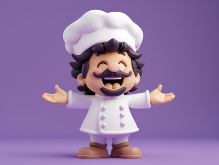 Joyful Animated Chef Character with Outstretched Arms in White Uniform and Chef Hat Standing Against a Purple Background AI Generativeの素材