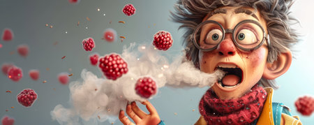 Surreal Illustration of a Nerdy Character in Glasses Exhaling Floating Raspberries Whimsical Digital Art with a Quirky Twist AI Generativeの素材