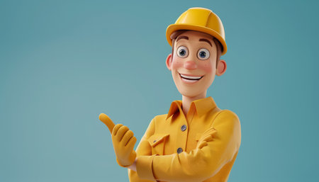 Smiling Construction Worker Character in Yellow Uniform Pointing, Cartoon Style, Ideal for Animation, Advertising, or Educational Content, High Resolution 3D Render with Blue Background AI Generativeの素材