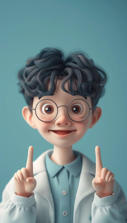 Cheerful Young Scientist Character with Glasses and Curly Hair, Wearing a Lab Coat and Smiling Brightly in a Playful Pose, 3D Cartoon Style Digital Art on a Light Blue Background AI Generativeの素材