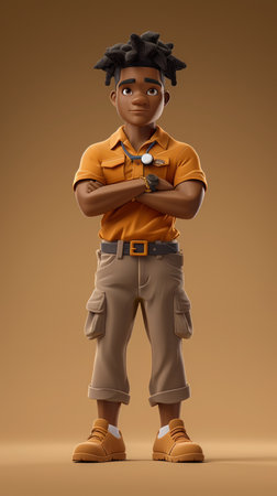 Confident Youth in Orange Outfit with Crossed Arms Stylish Teenager Portrait in Casual Clothing Standing on Brown Background Digital Illustration AI Generativeの素材