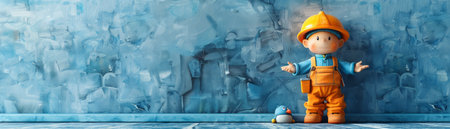 Construction Worker Doll in Hard Hat and Overalls Standing Against Blue Textured Background with Rubber Duck AI Generativeの素材