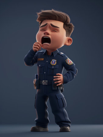 Animated Young Police Officer Yawning in Uniform 3D Character Design for Creative Projects and Illustrations AI Generativeの素材