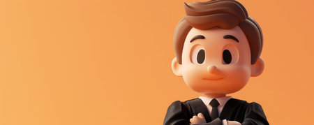 Charming Cartoon Businessman Character in Black Suit with Folded Arms on Orange Gradient Background Professional and Confident AI Generativeの素材