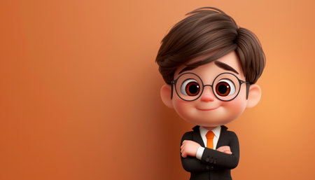 Cartoon Illustration of a Young Businessman with Glasses, Wearing a Suit and Tie, Smiling with Confidence, Against a Warm Orange Background AI Generativeの素材