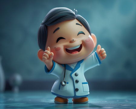 Adorable Cartoon Doctor Character with Big Smile in Hospital Setting Cute Medical Professional Illustrations for Healthcare Marketing and Children&#39;s Education AI Generativeの素材
