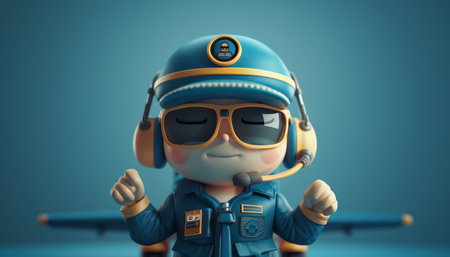 Animated Pilot Character in Blue Uniform with Sunglasses and Headset Standing with Airplane Background Adorable Animated Aviator in Cool Costume AI Generativeの素材