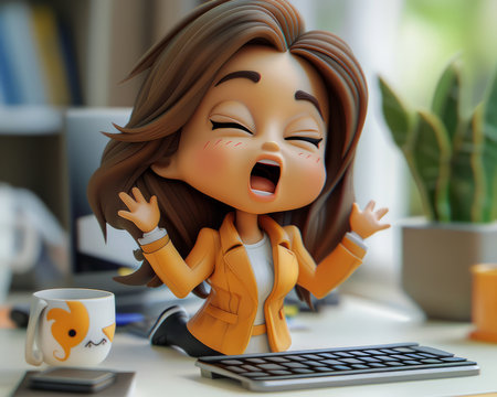 Cute Animated Character at Work Desk with Coffee Cup and Plants Adorable Office Scene with Enthusiastic Expression AI Generativeの素材