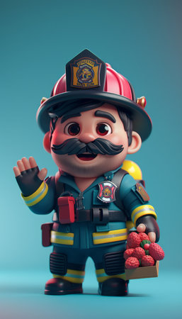 Cute Cartoon Firefighter Figurine Holding Strawberry Basket Adorable Heroic Character with Mustache and Safety Gear Playful Collectible Fireman AI Generativeの素材