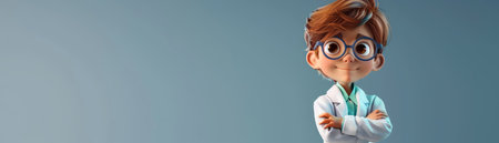 Animated Young Scientist Character with Glasses in Lab Coat on a Blue Background AI Generativeの素材