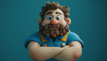 Claymation Character with Bearded Man in Blue Shirt and Overalls, Arms Crossed, Stop Motion Animation, 3D Render Art AI Generativeの素材