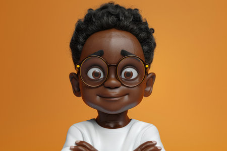3D Cartoon Character with Glasses on Orange Background Cute and Adorable Animated Boy with Afro Hair, Crossed Arms, and Big Eyes AI Generativeの素材