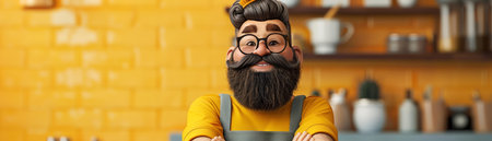 Charming Bearded Chef with Apron in Modern Kitchen with Yellow Brick Wall, Adorable Cooking Enthusiast, Culinary Wizard, Expressive Character in Stylish Setting, Beverage Shelf, Culinary Fun AI Generativeの素材