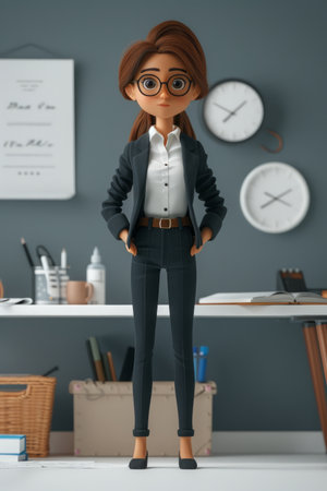 Professional Businesswoman Cartoon Character in Office Setting with Glasses, Elegant Suit, and Modern Workspace Decoration AI Generativeの素材