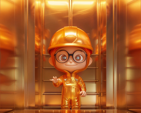 Charming Cartoon Character in Orange Overalls and Safety Helmet, Transparent Background, Adorable Animated Engineer Illustration, Digital Art, Cute 3D Character Design for Children&#39;s Content AI Generativeの素材