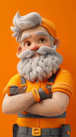 Friendly Cartoon Grandpa Character with White Beard and Orange Outfit 3D Rendered Illustration Against Bright Orange Background AI Generativeの素材